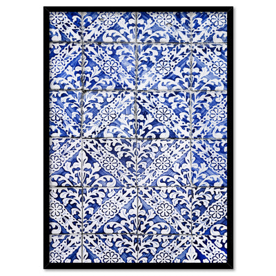 Hamptons Blue Tile Mosaic - Art Print, Poster, Stretched Canvas, or Framed Wall Art Print, shown in a black frame
