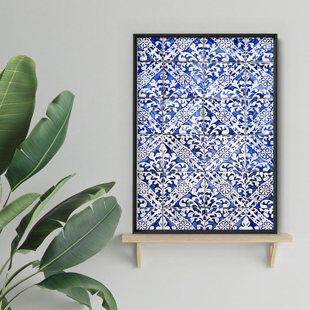 Hamptons Blue Tile Mosaic - Art Print, Poster, Stretched Canvas or Framed Wall Art Prints, shown framed in a room