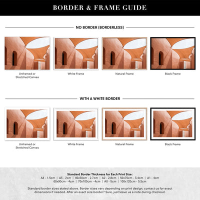 Terracotta Hideaway in Morocco - Art Print, Poster, Stretched Canvas or Framed Wall Art, Showing White , Black, Natural Frame Colours, No Frame (Unframed) or Stretched Canvas, and With or Without White Borders
