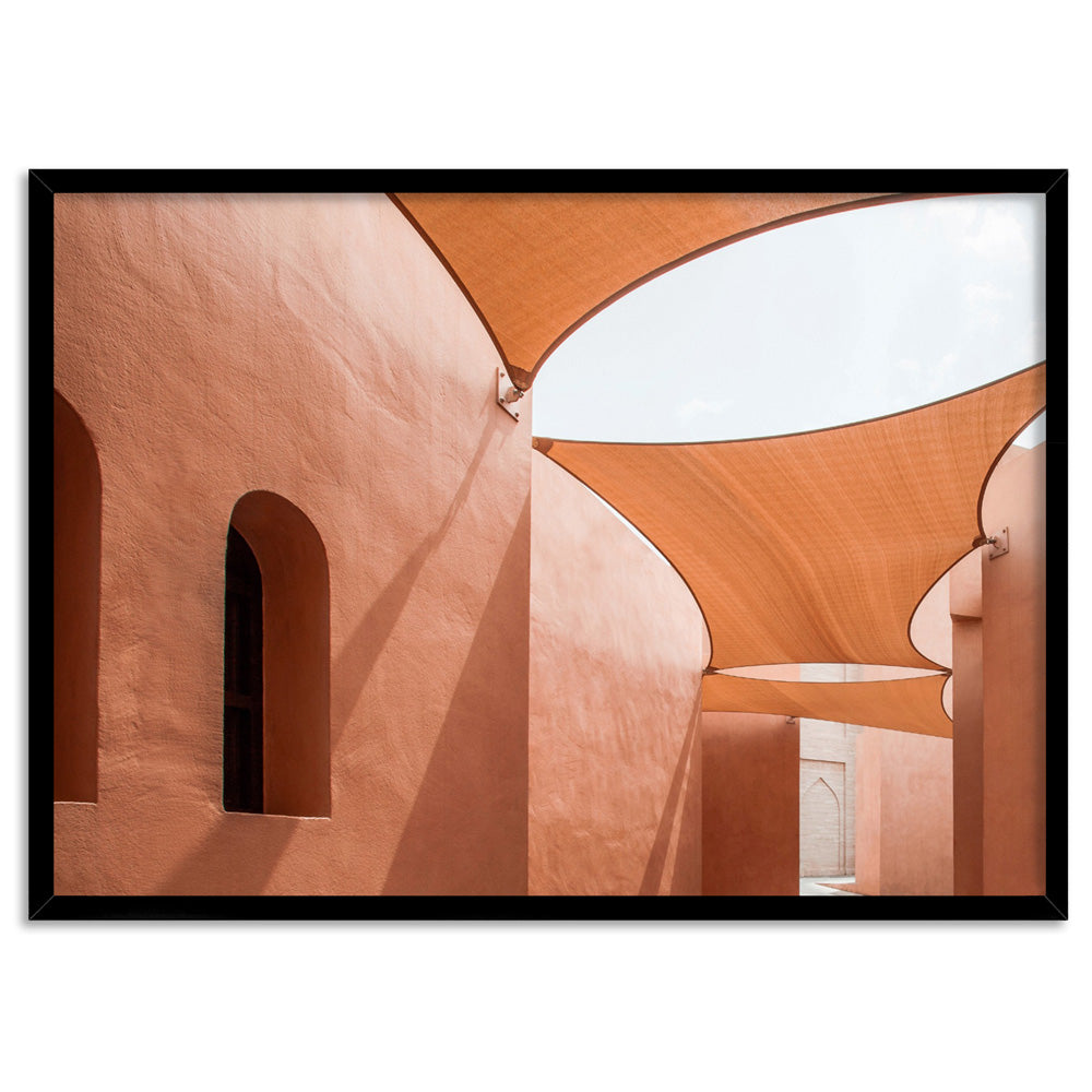 Terracotta Hideaway in Morocco - Art Print, Poster, Stretched Canvas, or Framed Wall Art Print, shown in a black frame