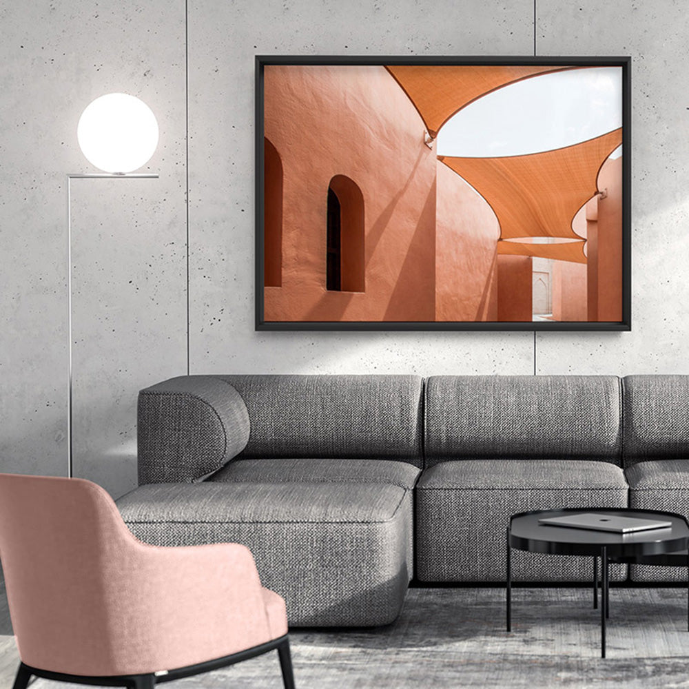 Terracotta Hideaway in Morocco - Art Print, Poster, Stretched Canvas or Framed Wall Art Prints, shown framed in a room
