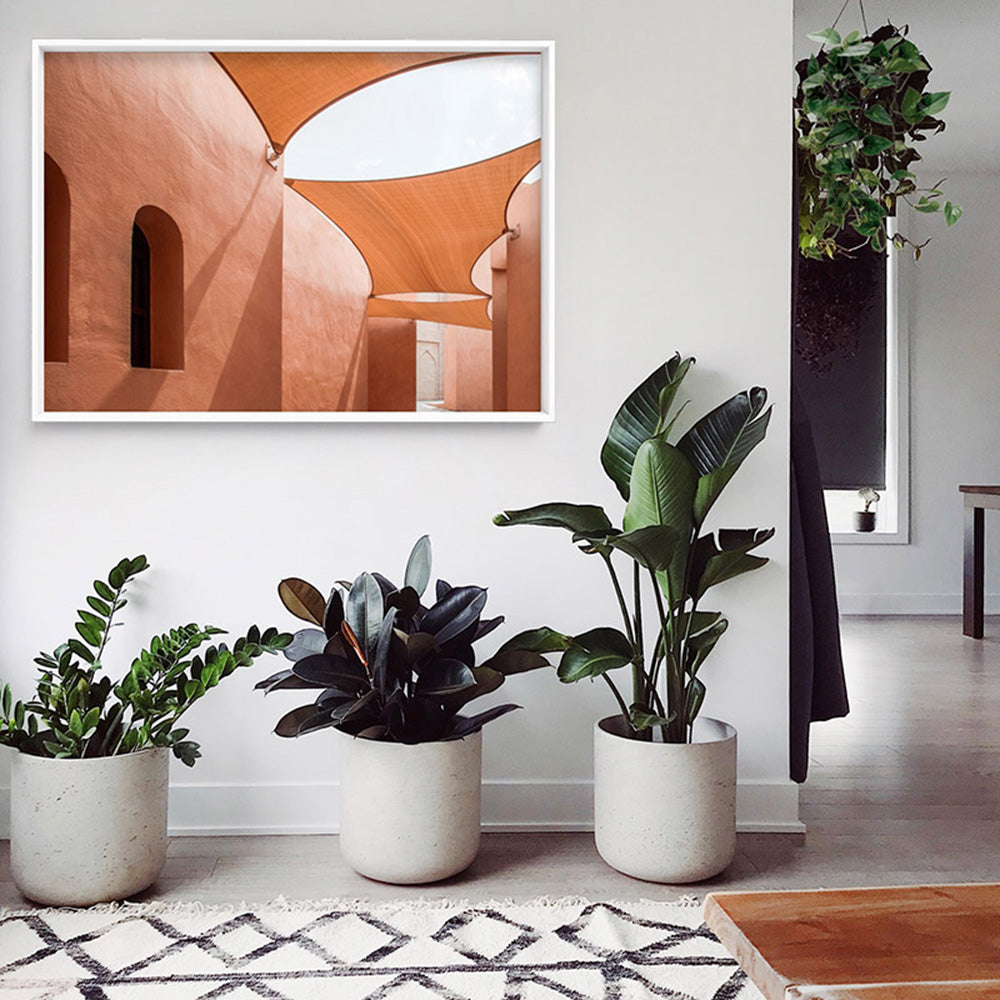 Terracotta Hideaway in Morocco - Art Print, Poster, Stretched Canvas or Framed Wall Art, shown framed in a home interior space