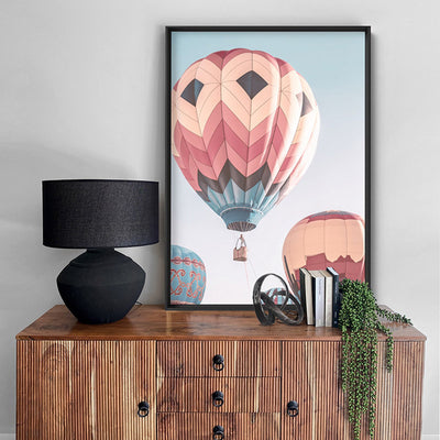 Hot Air Balloons in Vivid Pastels  - Art Print, Poster, Stretched Canvas or Framed Wall Art Prints, shown framed in a room