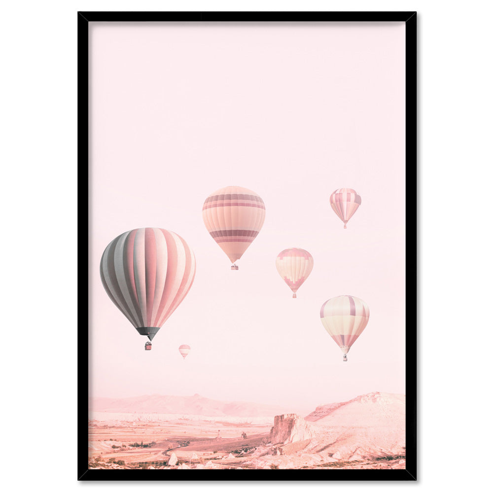 Hot Air Balloons in Blush  - Art Print, Poster, Stretched Canvas, or Framed Wall Art Print, shown in a black frame