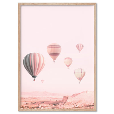Hot Air Balloons in Blush  - Art Print, Poster, Stretched Canvas, or Framed Wall Art Print, shown in a natural timber frame