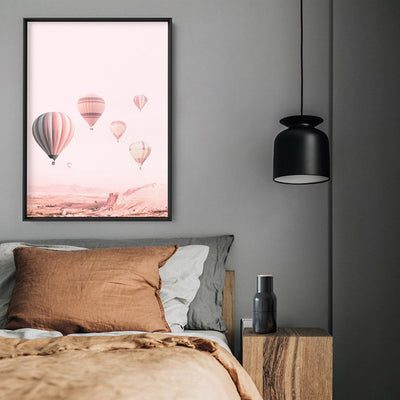Hot Air Balloons in Blush  - Art Print, Poster, Stretched Canvas or Framed Wall Art Prints, shown framed in a room