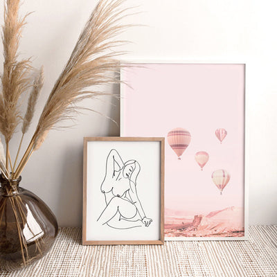 Hot Air Balloons in Blush  - Art Print, Poster, Stretched Canvas or Framed Wall Art, shown framed in a home interior space