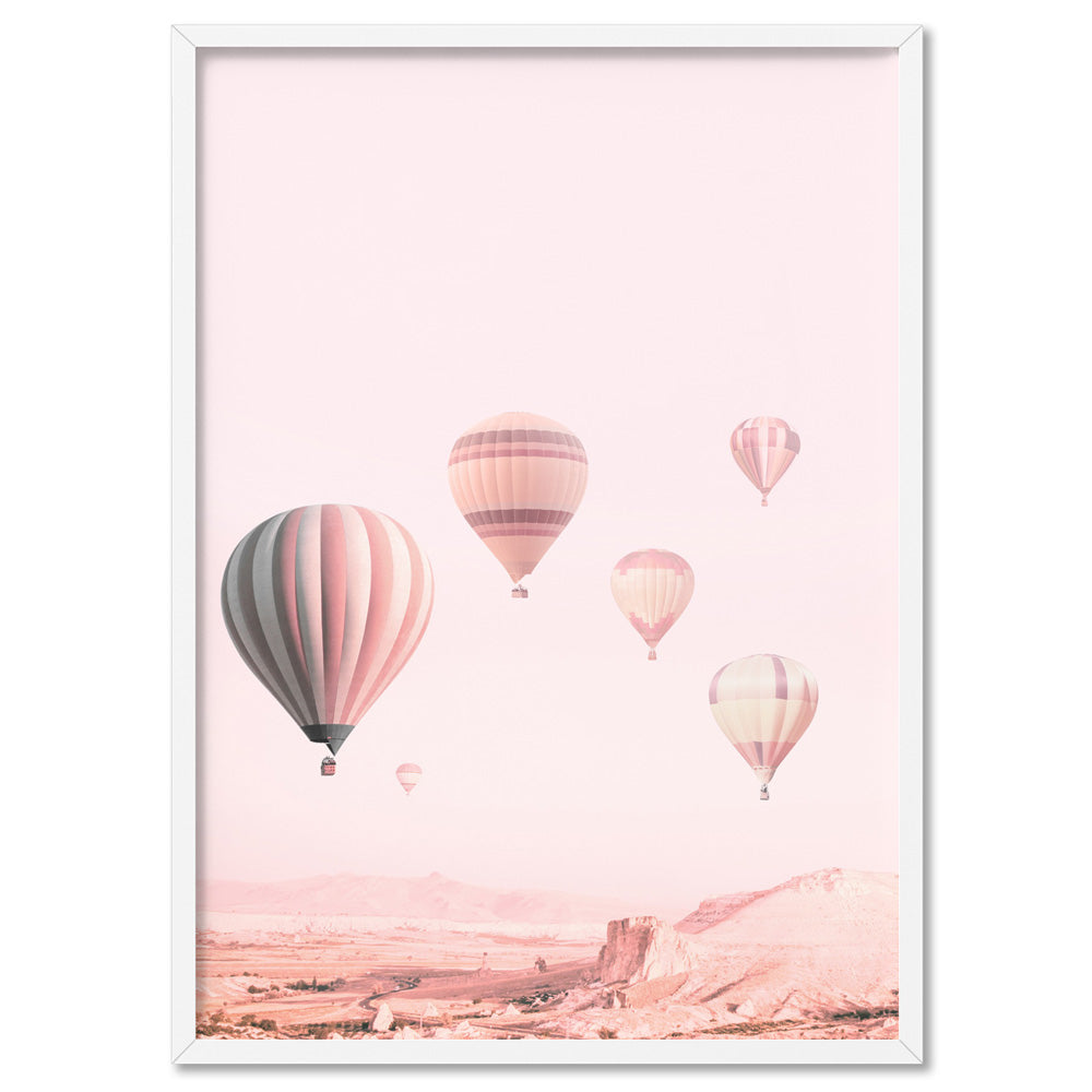 Hot Air Balloons in Blush  - Art Print, Poster, Stretched Canvas, or Framed Wall Art Print, shown in a white frame