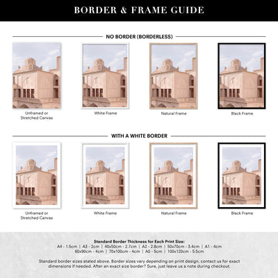 Moroccan Blush Balcony Views - Art Print, Poster, Stretched Canvas or Framed Wall Art, Showing White , Black, Natural Frame Colours, No Frame (Unframed) or Stretched Canvas, and With or Without White Borders