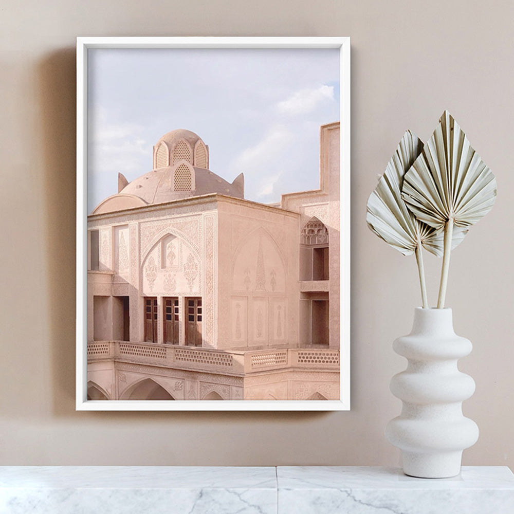 Moroccan Blush Balcony Views - Art Print, Poster, Stretched Canvas or Framed Wall Art Prints, shown framed in a room