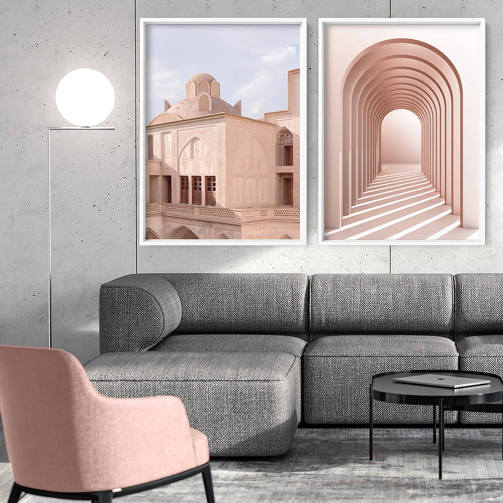 Moroccan Blush Balcony Views - Art Print, Poster, Stretched Canvas or Framed Wall Art, shown framed in a home interior space