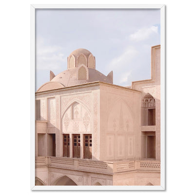 Moroccan Blush Balcony Views - Art Print, Poster, Stretched Canvas, or Framed Wall Art Print, shown in a white frame