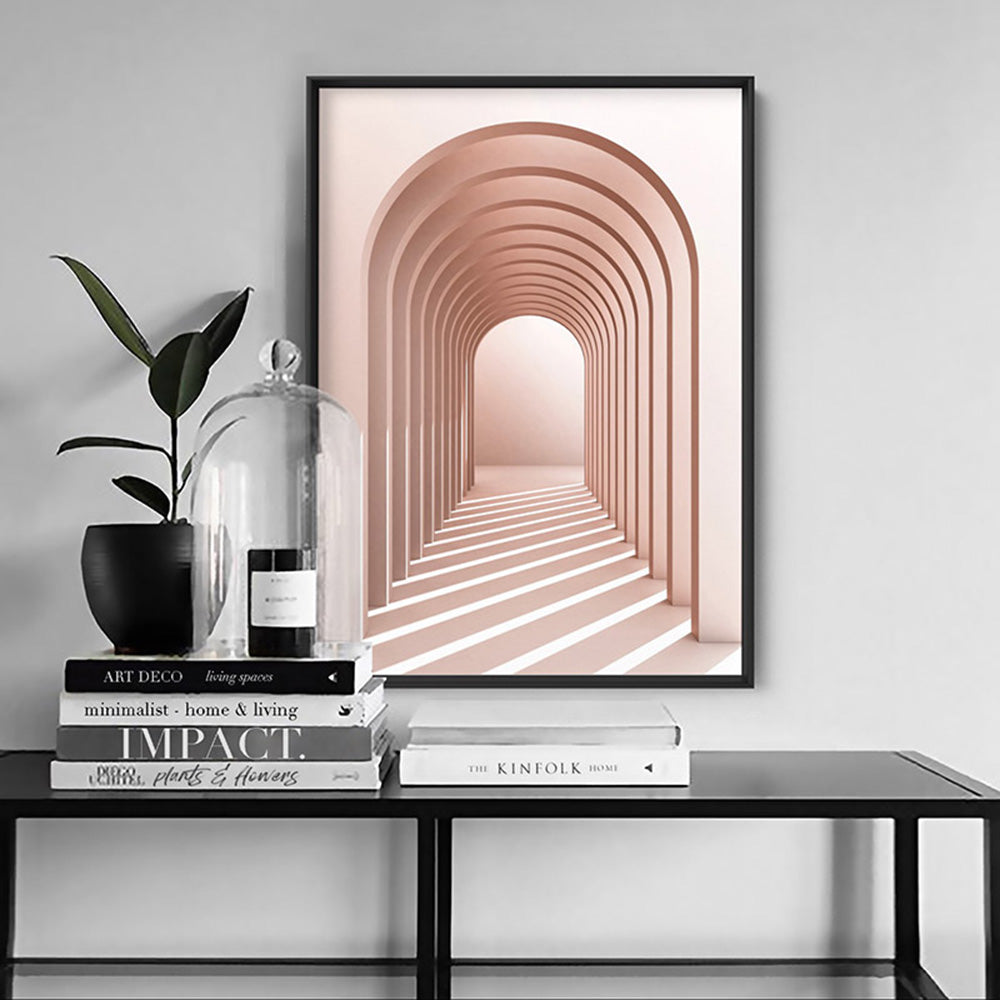Blush Pink Arches - Art Print, Poster, Stretched Canvas or Framed Wall Art Prints, shown framed in a room