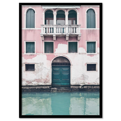 Venice Canal View in Teal & Blush - Art Print, Poster, Stretched Canvas, or Framed Wall Art Print, shown in a black frame