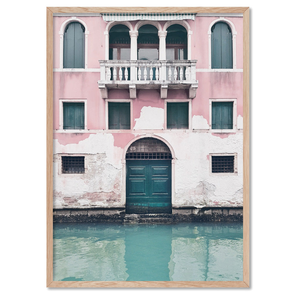 Venice Canal View in Teal & Blush - Art Print, Poster, Stretched Canvas, or Framed Wall Art Print, shown in a natural timber frame