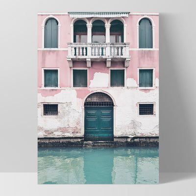 Venice Canal View in Teal & Blush - Art Print, Poster, Stretched Canvas, or Framed Wall Art Print, shown as a stretched canvas or poster without a frame