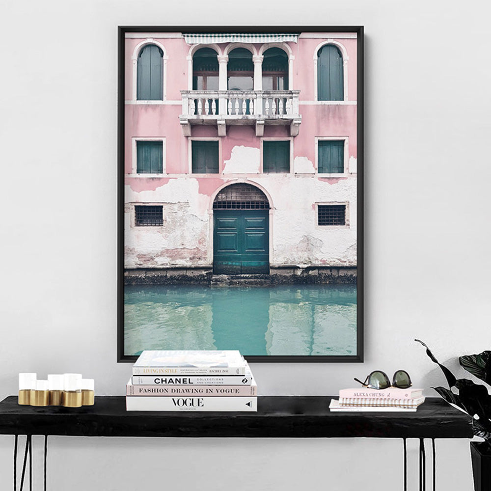 Venice Canal View in Teal & Blush - Art Print, Poster, Stretched Canvas or Framed Wall Art Prints, shown framed in a room