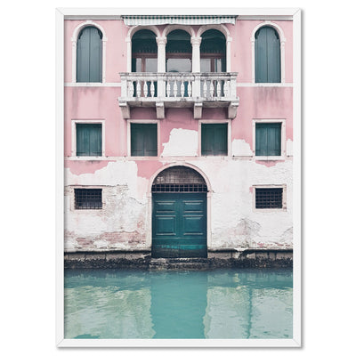 Venice Canal View in Teal & Blush - Art Print, Poster, Stretched Canvas, or Framed Wall Art Print, shown in a white frame