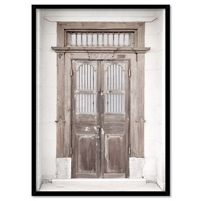 Balinese Carved Wooden Doorway - Art Print, Poster, Stretched Canvas, or Framed Wall Art Print, shown in a black frame