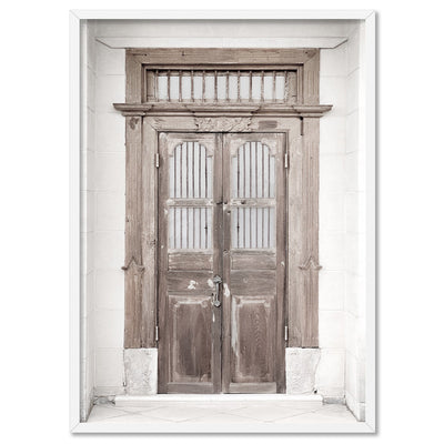 Balinese Carved Wooden Doorway - Art Print, Poster, Stretched Canvas, or Framed Wall Art Print, shown in a white frame