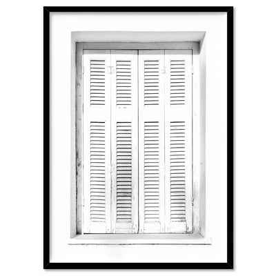 White on White Coastal Window - Art Print, Poster, Stretched Canvas, or Framed Wall Art Print, shown in a black frame