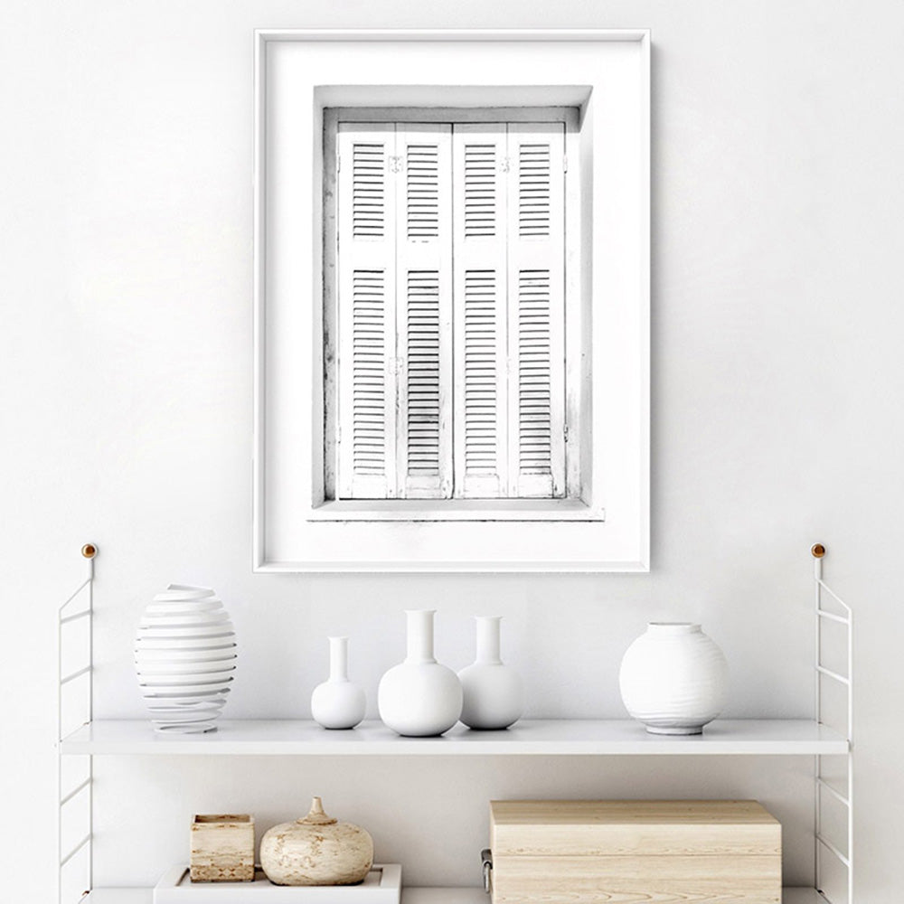 White on White Coastal Window - Art Print, Poster, Stretched Canvas or Framed Wall Art Prints, shown framed in a room