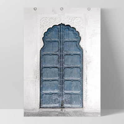 Ornate Arch Door in Blue - Art Print, Poster, Stretched Canvas, or Framed Wall Art Print, shown as a stretched canvas or poster without a frame