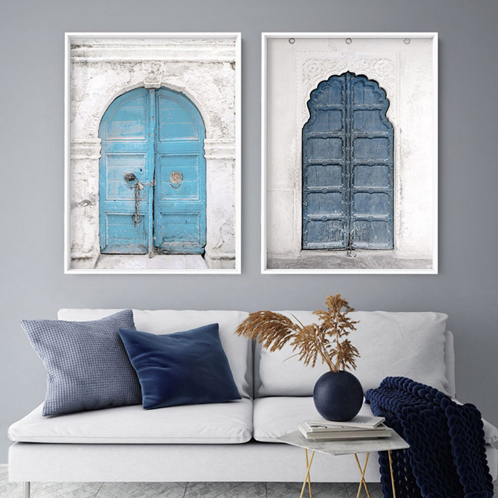 Ornate Arch Door in Blue - Art Print, Poster, Stretched Canvas or Framed Wall Art, shown framed in a home interior space