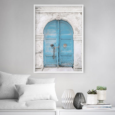Arch Blue Doorway in Greece - Art Print, Poster, Stretched Canvas or Framed Wall Art Prints, shown framed in a room