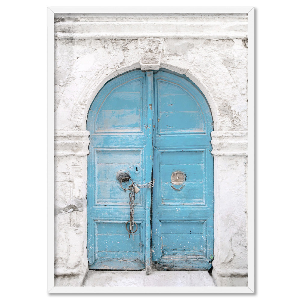 Arch Blue Doorway in Greece - Art Print, Poster, Stretched Canvas, or Framed Wall Art Print, shown in a white frame