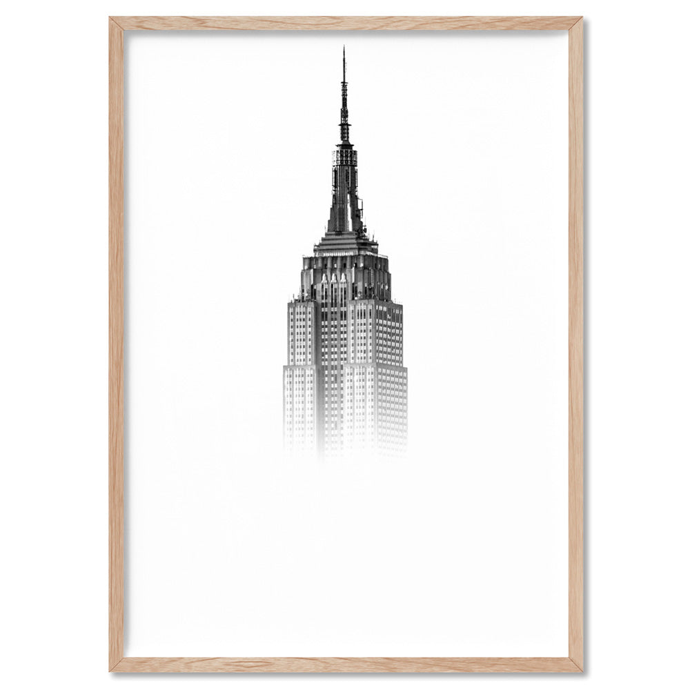 Empire State in the Clouds - Art Print, Poster, Stretched Canvas, or Framed Wall Art Print, shown in a natural timber frame
