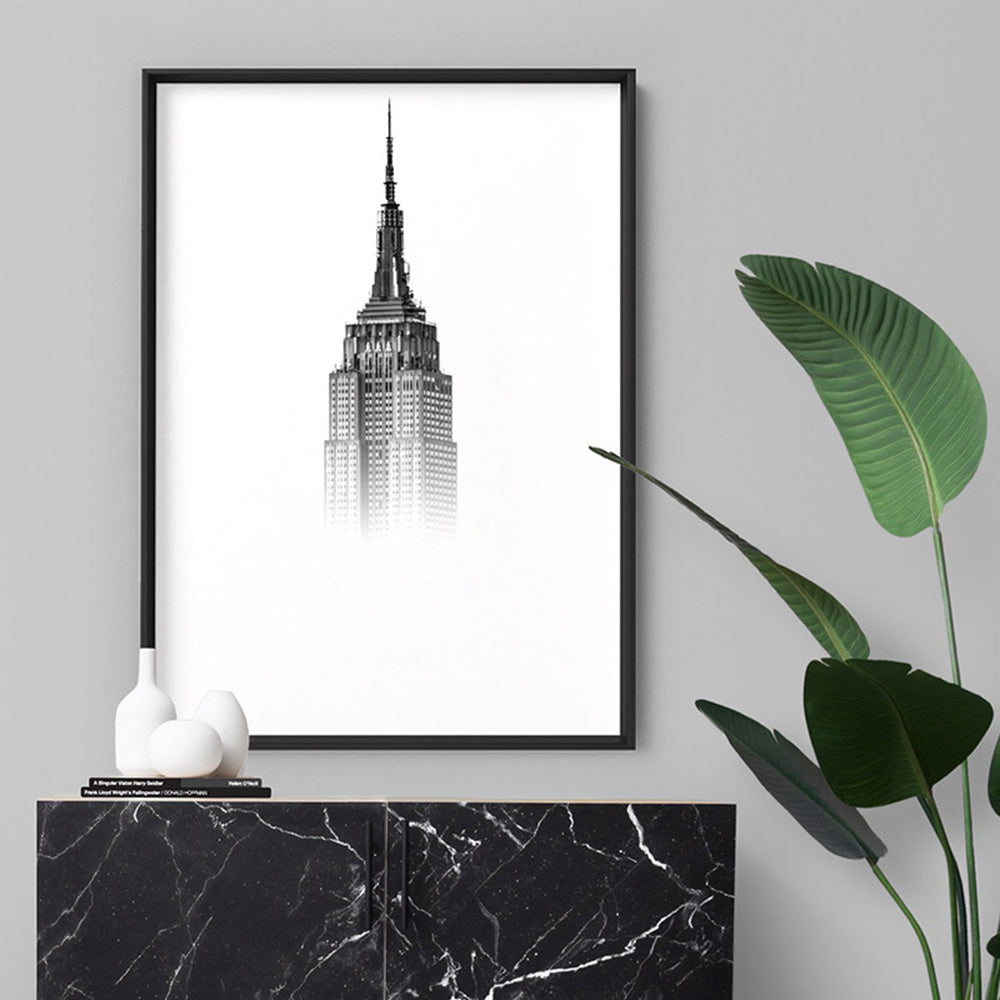 Empire State in the Clouds - Art Print, Poster, Stretched Canvas or Framed Wall Art Prints, shown framed in a room