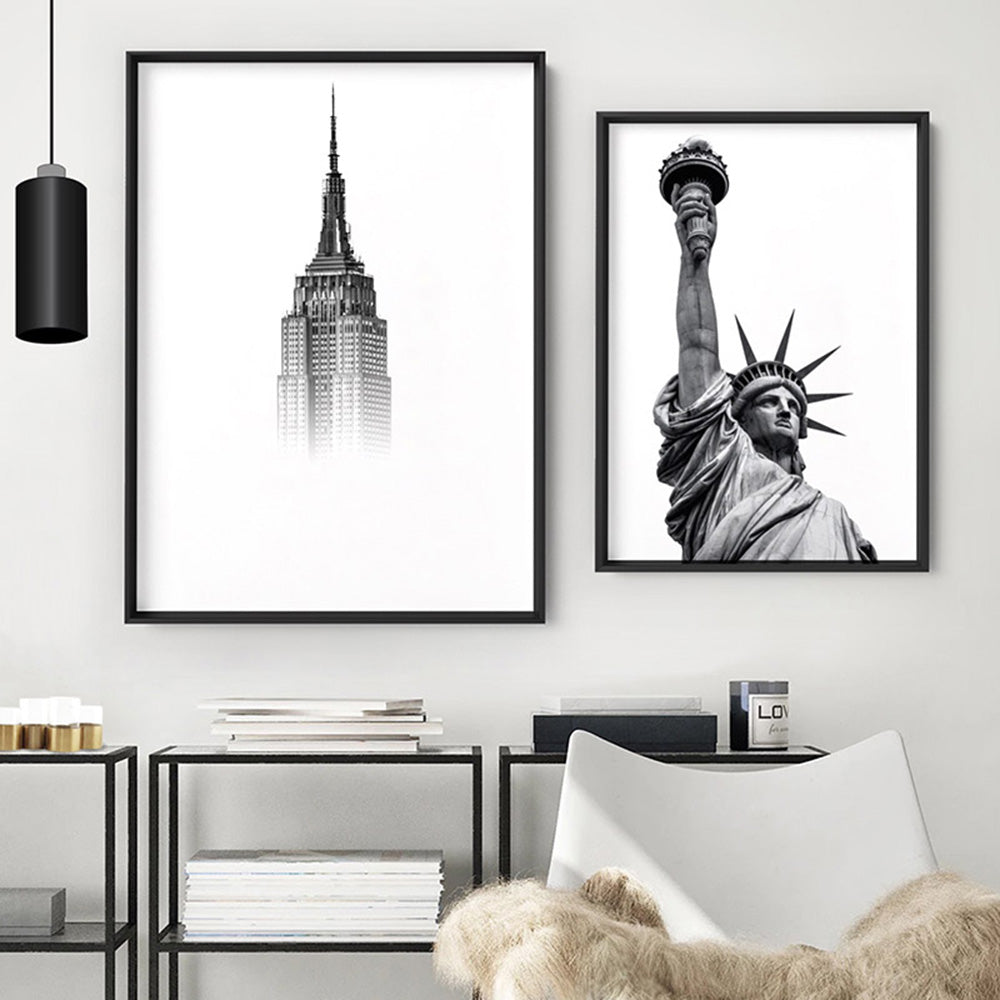 Empire State in the Clouds - Art Print, Poster, Stretched Canvas or Framed Wall Art, shown framed in a home interior space