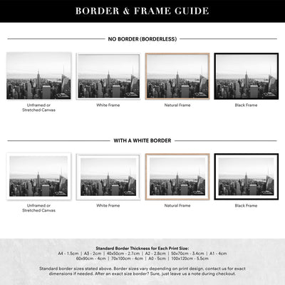 New York Empire Skyline - Art Print, Poster, Stretched Canvas or Framed Wall Art, Showing White , Black, Natural Frame Colours, No Frame (Unframed) or Stretched Canvas, and With or Without White Borders