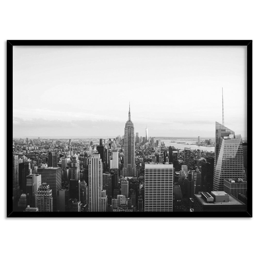 New York Empire Skyline - Art Print, Poster, Stretched Canvas, or Framed Wall Art Print, shown in a black frame