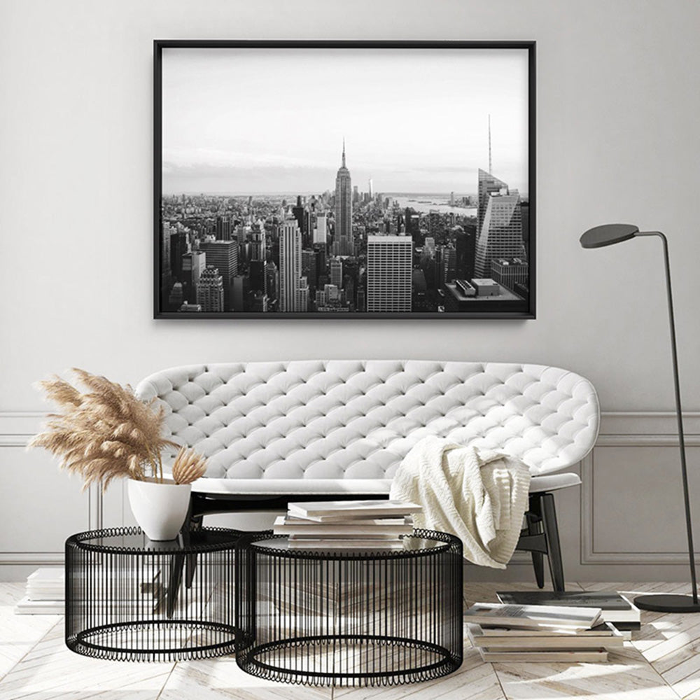 New York Empire Skyline - Art Print, Poster, Stretched Canvas or Framed Wall Art Prints, shown framed in a room