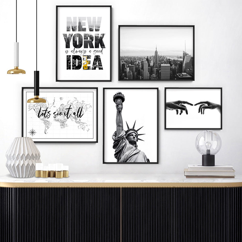 New York Empire Skyline - Art Print, Poster, Stretched Canvas or Framed Wall Art, shown framed in a home interior space