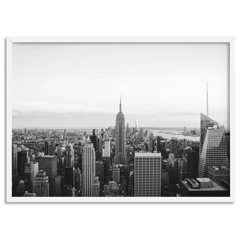 New York Empire Skyline - Art Print, Poster, Stretched Canvas, or Framed Wall Art Print, shown in a white frame