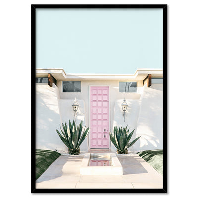 Palm Springs | Pink Door - Art Print, Poster, Stretched Canvas, or Framed Wall Art Print, shown in a black frame