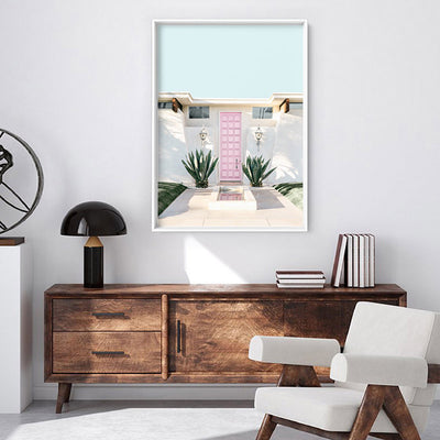 Palm Springs | Pink Door - Art Print, Poster, Stretched Canvas or Framed Wall Art Prints, shown framed in a room
