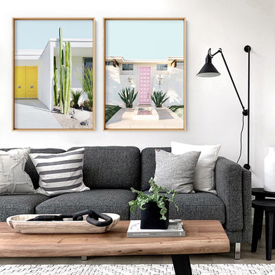 Palm Springs | Pink Door - Art Print, Poster, Stretched Canvas or Framed Wall Art, shown framed in a home interior space