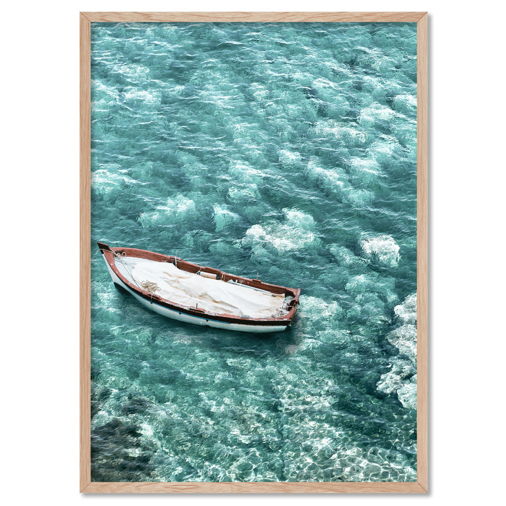 Capri Island Boat I - Art Print, Poster, Stretched Canvas, or Framed Wall Art Print, shown in a natural timber frame