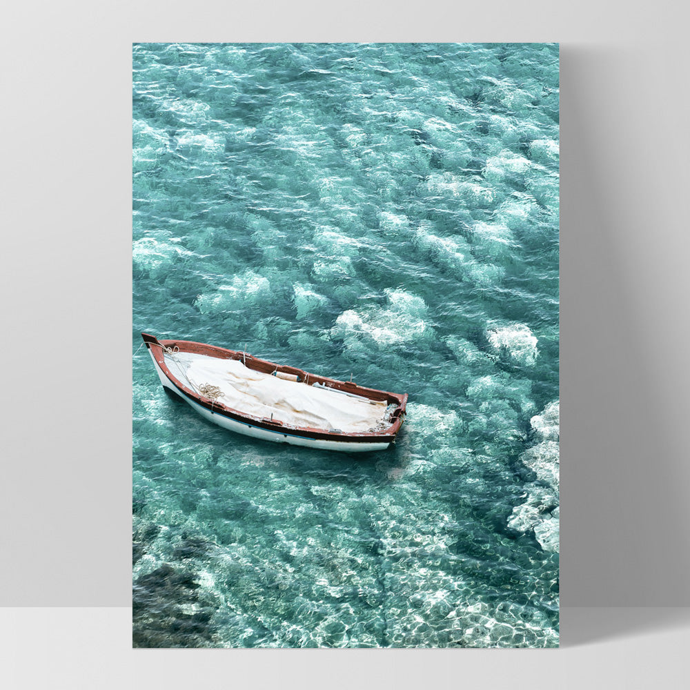 Capri Island Boat I - Art Print, Poster, Stretched Canvas, or Framed Wall Art Print, shown as a stretched canvas or poster without a frame