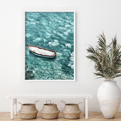 Capri Island Boat I - Art Print, Poster, Stretched Canvas or Framed Wall Art Prints, shown framed in a room
