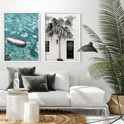 Capri Island Boat I - Art Print, Poster, Stretched Canvas or Framed Wall Art, shown framed in a home interior space