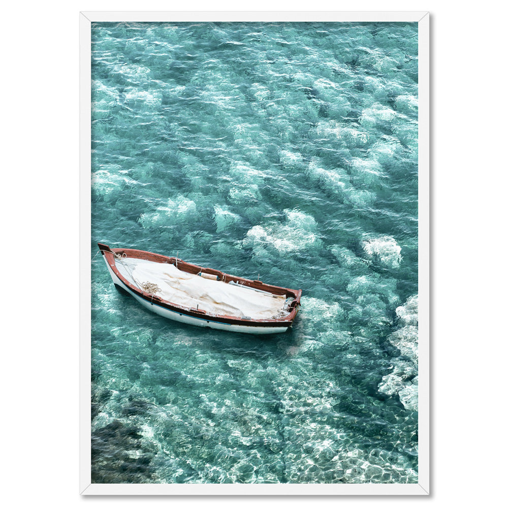Capri Island Boat I - Art Print, Poster, Stretched Canvas, or Framed Wall Art Print, shown in a white frame