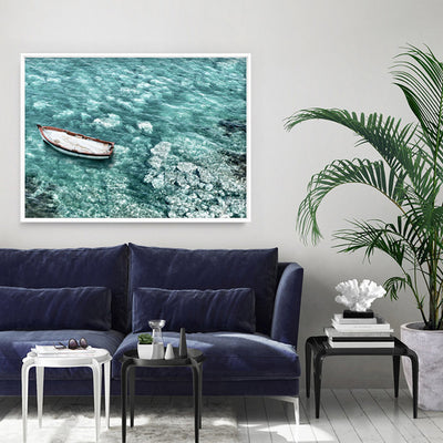 Capri Island Boat II Landscape - Art Print, Poster, Stretched Canvas or Framed Wall Art Prints, shown framed in a room