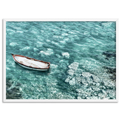 Capri Island Boat II Landscape - Art Print, Poster, Stretched Canvas, or Framed Wall Art Print, shown in a white frame