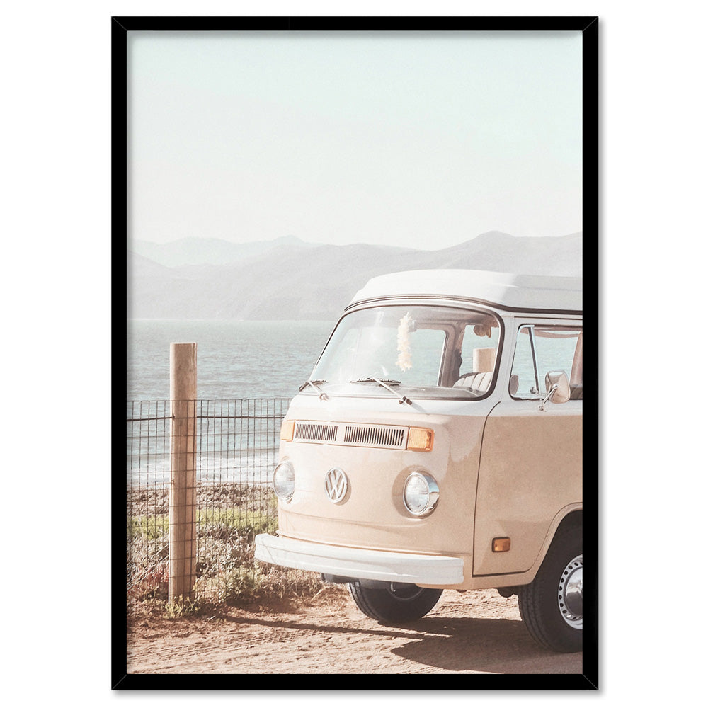 Kombi | Vintage Grainy Photo in Pastel Pink - Art Print, Poster, Stretched Canvas, or Framed Wall Art Print, shown in a black frame