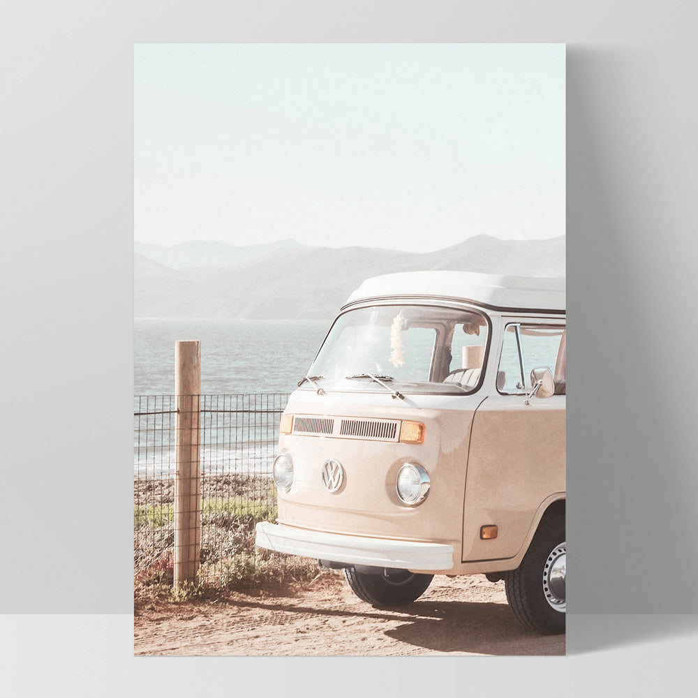 Kombi | Vintage Grainy Photo in Pastel Pink - Art Print, Poster, Stretched Canvas, or Framed Wall Art Print, shown as a stretched canvas or poster without a frame